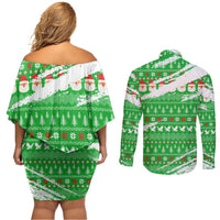 Djibouti Christmas Couples Matching Off Shoulder Short Dress and Long Sleeve Button Shirt with Santa Eagle Doves Trees and Green Snowflake Holiday - Wonder Print Shop