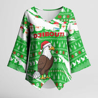 Djibouti Christmas Kimono Sleeve Blouse with Santa Eagle Doves Trees and Green Snowflake Holiday - Wonder Print Shop
