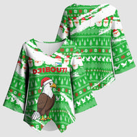 Djibouti Christmas Kimono Sleeve Blouse with Santa Eagle Doves Trees and Green Snowflake Holiday - Wonder Print Shop