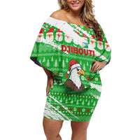 Djibouti Christmas Off Shoulder Short Dress with Santa Eagle Doves Trees and Green Snowflake Holiday - Wonder Print Shop