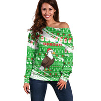 Djibouti Christmas Off Shoulder Sweater with Santa Eagle Doves Trees and Green Snowflake Holiday - Wonder Print Shop