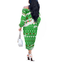 Djibouti Christmas Off The Shoulder Long Sleeve Dress with Santa Eagle Doves Trees and Green Snowflake Holiday - Wonder Print Shop
