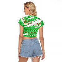 Djibouti Christmas Raglan Cropped T Shirt with Santa Eagle Doves Trees and Green Snowflake Holiday - Wonder Print Shop