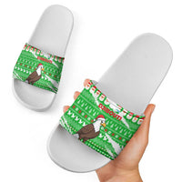 Djibouti Christmas Slide Sandals with Santa Eagle Doves Trees and Green Snowflake Holiday - Wonder Print Shop