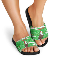 Djibouti Christmas Slide Sandals with Santa Eagle Doves Trees and Green Snowflake Holiday - Wonder Print Shop