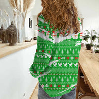 Djibouti Christmas Women Casual Shirt with Santa Eagle Doves Trees and Green Snowflake Holiday - Wonder Print Shop
