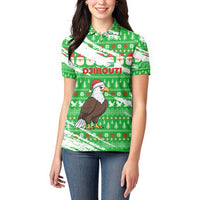 Djibouti Christmas Women Polo Shirt with Santa Eagle Doves Trees and Green Snowflake Holiday - Wonder Print Shop