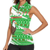 Djibouti Christmas Women Sleeveless Polo Shirt with Santa Eagle Doves Trees and Green Snowflake Holiday - Wonder Print Shop