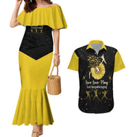 Softball Sunflower Yellow Black Christmas Couples Matching Mermaid Dress and Hawaiian Shirt Xmas Holiday Patterns - Wonder Print Shop