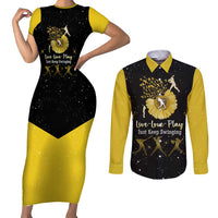 Softball Sunflower Yellow Black Christmas Couples Matching Short Sleeve Bodycon Dress and Long Sleeve Button Shirt Xmas Holiday Patterns - Wonder Print Shop