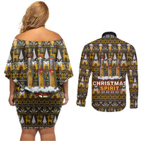 Spirit Beer Christmas Couples Matching Off Shoulder Short Dress and Long Sleeve Button Shirt Xmas Holiday Patterns - Wonder Print Shop