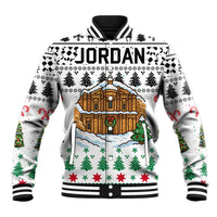 Jordan Christmas Baseball Jacket with Petra Monastery Snow Christmas Trees and Candy Cane Pattern - Wonder Print Shop