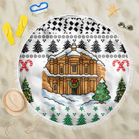 Jordan Christmas Beach Blanket with Petra Monastery Snow Christmas Trees and Candy Cane Pattern - Wonder Print Shop