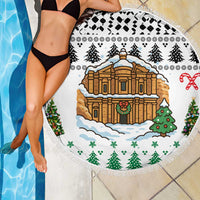 Jordan Christmas Beach Blanket with Petra Monastery Snow Christmas Trees and Candy Cane Pattern - Wonder Print Shop