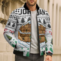 Jordan Christmas Bomber Puffer Jacket with Petra Monastery Snow Christmas Trees and Candy Cane Pattern - Wonder Print Shop