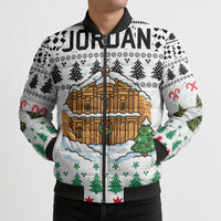 Jordan Christmas Bomber Puffer Jacket with Petra Monastery Snow Christmas Trees and Candy Cane Pattern - Wonder Print Shop