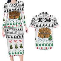Jordan Christmas Couples Matching Long Sleeve Bodycon Dress and Hawaiian Shirt with Petra Monastery Snow Christmas Trees and Candy Cane Pattern - Wonder Print Shop
