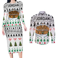 Jordan Christmas Couples Matching Long Sleeve Bodycon Dress and Long Sleeve Button Shirt with Petra Monastery Snow Christmas Trees and Candy Cane Pattern - Wonder Print Shop