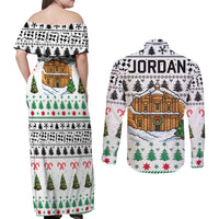 Jordan Christmas Couples Matching Off Shoulder Maxi Dress and Long Sleeve Button Shirt with Petra Monastery Snow Christmas Trees and Candy Cane Pattern - Wonder Print Shop