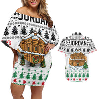 Jordan Christmas Couples Matching Off Shoulder Short Dress and Hawaiian Shirt with Petra Monastery Snow Christmas Trees and Candy Cane Pattern - Wonder Print Shop
