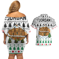 Jordan Christmas Couples Matching Off Shoulder Short Dress and Hawaiian Shirt with Petra Monastery Snow Christmas Trees and Candy Cane Pattern - Wonder Print Shop
