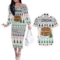 Jordan Christmas Couples Matching Off The Shoulder Long Sleeve Dress and Hawaiian Shirt with Petra Monastery Snow Christmas Trees and Candy Cane Pattern - Wonder Print Shop