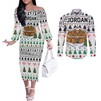 Jordan Christmas Couples Matching Off The Shoulder Long Sleeve Dress and Long Sleeve Button Shirt with Petra Monastery Snow Christmas Trees and Candy Cane Pattern - Wonder Print Shop