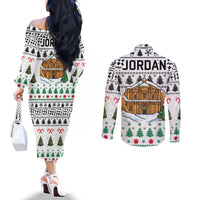 Jordan Christmas Couples Matching Off The Shoulder Long Sleeve Dress and Long Sleeve Button Shirt with Petra Monastery Snow Christmas Trees and Candy Cane Pattern - Wonder Print Shop