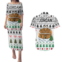 Jordan Christmas Couples Matching Puletasi and Hawaiian Shirt with Petra Monastery Snow Christmas Trees and Candy Cane Pattern - Wonder Print Shop