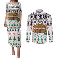 Jordan Christmas Couples Matching Puletasi and Long Sleeve Button Shirt with Petra Monastery Snow Christmas Trees and Candy Cane Pattern - Wonder Print Shop