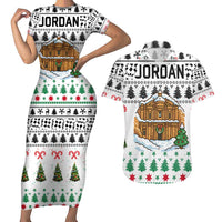 Jordan Christmas Couples Matching Short Sleeve Bodycon Dress and Hawaiian Shirt with Petra Monastery Snow Christmas Trees and Candy Cane Pattern - Wonder Print Shop