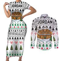 Jordan Christmas Couples Matching Short Sleeve Bodycon Dress and Long Sleeve Button Shirt with Petra Monastery Snow Christmas Trees and Candy Cane Pattern - Wonder Print Shop