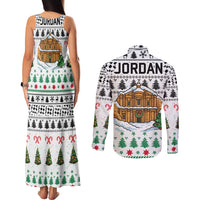 Jordan Christmas Couples Matching Tank Maxi Dress and Long Sleeve Button Shirt with Petra Monastery Snow Christmas Trees and Candy Cane Pattern - Wonder Print Shop