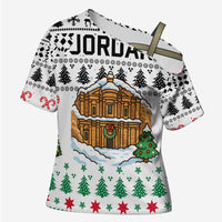Jordan Christmas Cross Shoulder Shirt with Petra Monastery Snow Christmas Trees and Candy Cane Pattern - Wonder Print Shop