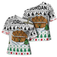 Jordan Christmas Cross Shoulder Shirt with Petra Monastery Snow Christmas Trees and Candy Cane Pattern - Wonder Print Shop