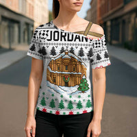 Jordan Christmas Cross Shoulder Shirt with Petra Monastery Snow Christmas Trees and Candy Cane Pattern - Wonder Print Shop