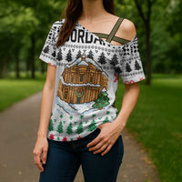 Jordan Christmas Cross Shoulder Shirt with Petra Monastery Snow Christmas Trees and Candy Cane Pattern - Wonder Print Shop