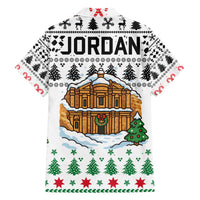 Jordan Christmas Family Matching Off The Shoulder Long Sleeve Dress and Hawaiian Shirt with Petra Monastery Snow Christmas Trees and Candy Cane Pattern - Wonder Print Shop