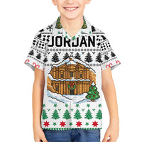 Jordan Christmas Family Matching Short Sleeve Bodycon Dress and Hawaiian Shirt with Petra Monastery Snow Christmas Trees and Candy Cane Pattern - Wonder Print Shop