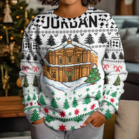Jordan Christmas Kid Ugly Christmas Sweater with Petra Monastery Snow Christmas Trees and Candy Cane Pattern - Wonder Print Shop