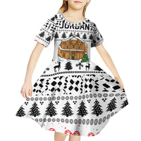 Jordan Christmas Kid Short Sleeve Dress with Petra Monastery Snow Christmas Trees and Candy Cane Pattern - Wonder Print Shop