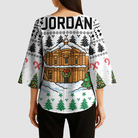 Jordan Christmas Kimono Sleeve Blouse with Petra Monastery Snow Christmas Trees and Candy Cane Pattern - Wonder Print Shop