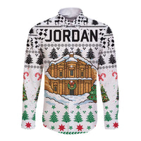 Jordan Christmas Long Sleeve Button Shirt with Petra Monastery Snow Christmas Trees and Candy Cane Pattern - Wonder Print Shop