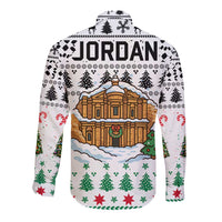 Jordan Christmas Long Sleeve Button Shirt with Petra Monastery Snow Christmas Trees and Candy Cane Pattern - Wonder Print Shop