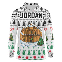 Jordan Christmas Long Sleeve Polo Shirt with Petra Monastery Snow Christmas Trees and Candy Cane Pattern - Wonder Print Shop