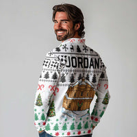 Jordan Christmas Long Sleeve Polo Shirt with Petra Monastery Snow Christmas Trees and Candy Cane Pattern - Wonder Print Shop