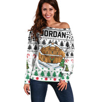 Jordan Christmas Off Shoulder Sweater with Petra Monastery Snow Christmas Trees and Candy Cane Pattern - Wonder Print Shop