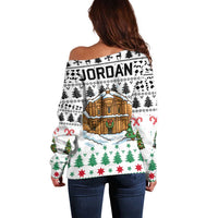Jordan Christmas Off Shoulder Sweater with Petra Monastery Snow Christmas Trees and Candy Cane Pattern - Wonder Print Shop