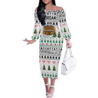 Jordan Christmas Off The Shoulder Long Sleeve Dress with Petra Monastery Snow Christmas Trees and Candy Cane Pattern - Wonder Print Shop