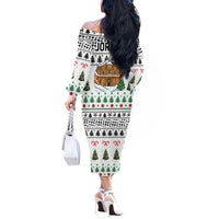 Jordan Christmas Off The Shoulder Long Sleeve Dress with Petra Monastery Snow Christmas Trees and Candy Cane Pattern - Wonder Print Shop